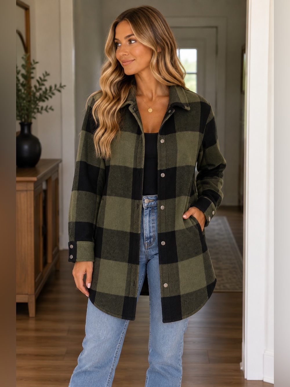 BB Dakota Olive & Black Plaid Snap-Front Shirt Jacket